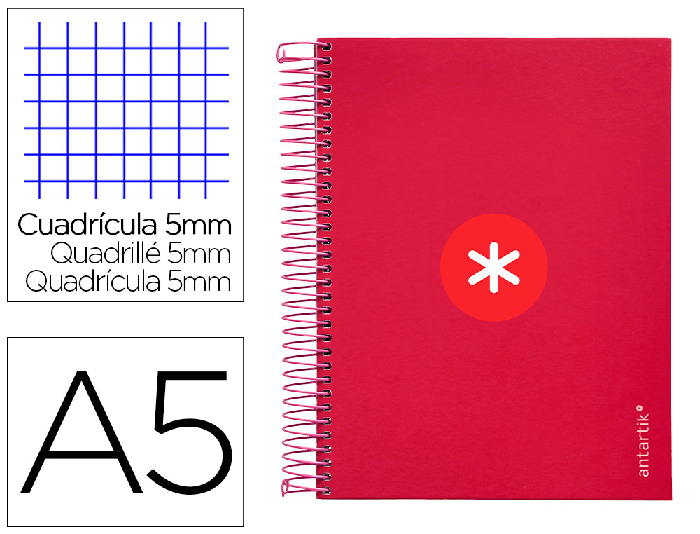 CUADERNO ESPIRAL A5 MICRO ANTARTIK TAPA FORRADA120H 90 GR CUADRO 5MM 5 BANDAS6 TALADROS COLOR FRAMBUESA