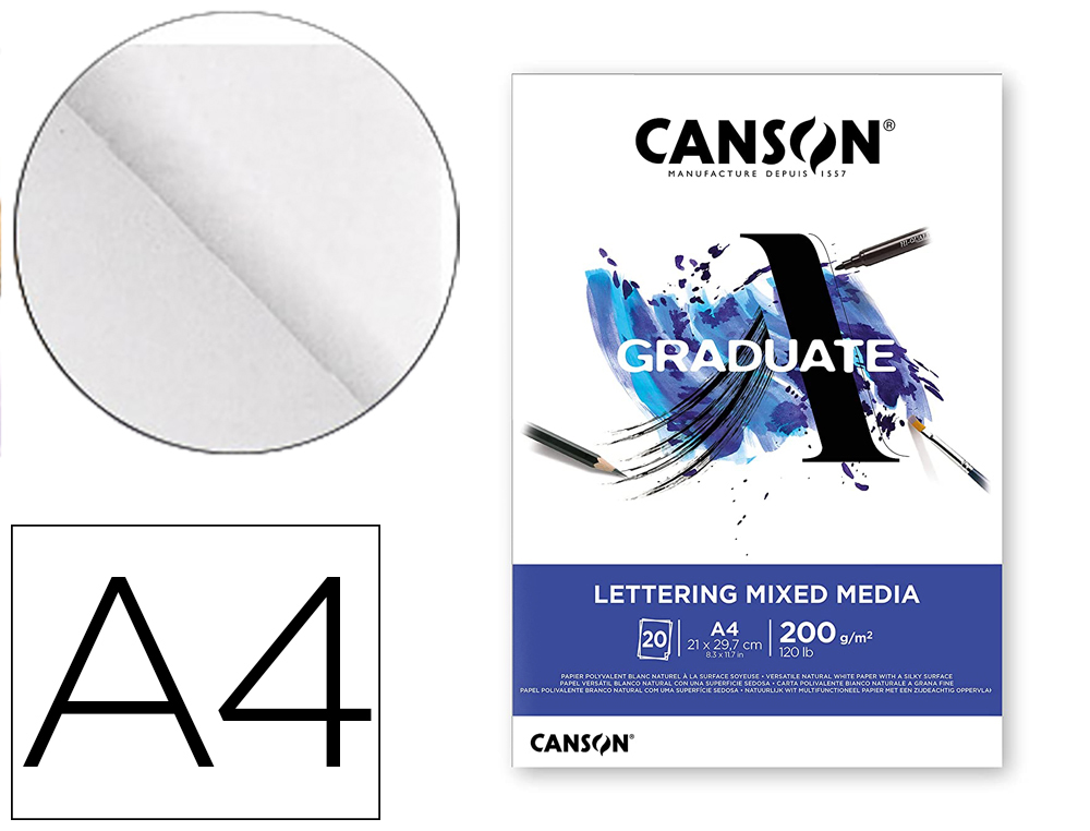 BLOC DIBUJO MULTITECNICAS CANSON GRADUATE LETTERING MIXED MEDIA 210X297 MM CM 20 HOJAS 200 GR/M2