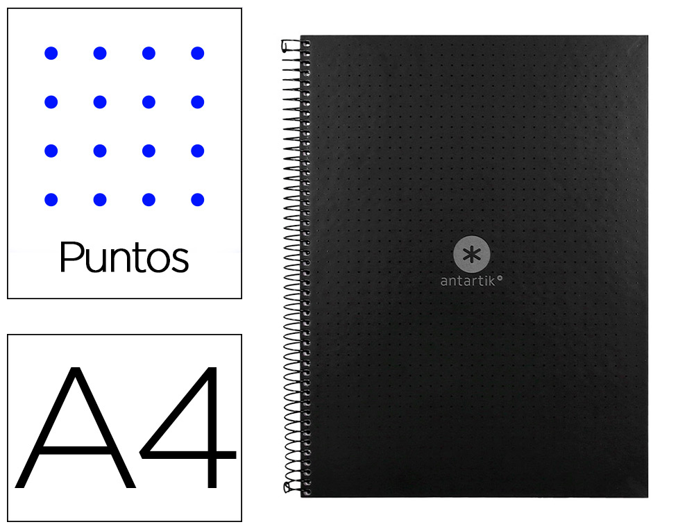 CUADERNO ESPIRAL A4 MICRO ANTARTIK DOTS TAPA FORRADA 80H 90 GR RAYADO PUNTOS 1 BANDA 4 TALADROS NEGRO