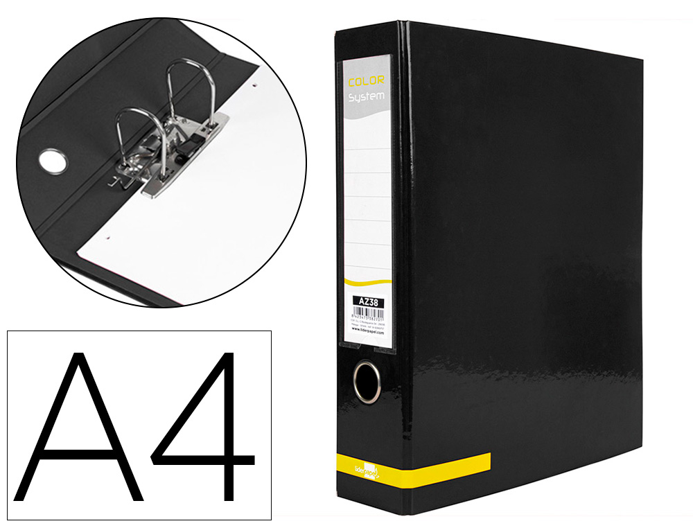 ARCHIVADOR DE PALANCA LIDERPAPEL A4 COLOR SYSTEM FORRADO SIN RADO LOMO 80MM NEGRO COMPRESOR METALICO
