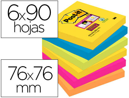BLOC DE NOTAS ADHESIVAS QUITA Y PON POST-IT SUPER STICKY 76X76 MM CON 90 HOJAS PACK DE 6 BLOC COLORES SURTIDOS