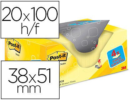 BLOC DE NOTAS ADHESIVAS QUITA Y PON POST-IT AMARILLO CANARIO 38X51 MM PACK PROMOCIONAL 16+4 GRATIS