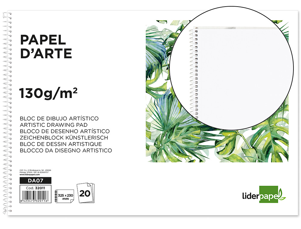 BLOC DIBUJO LIDERPAPEL ARTISTICO FRUTAL ESPIRAL 230X325 MM 20 HOJAS 130G/M2 SIN RECUADRO PERFORADO