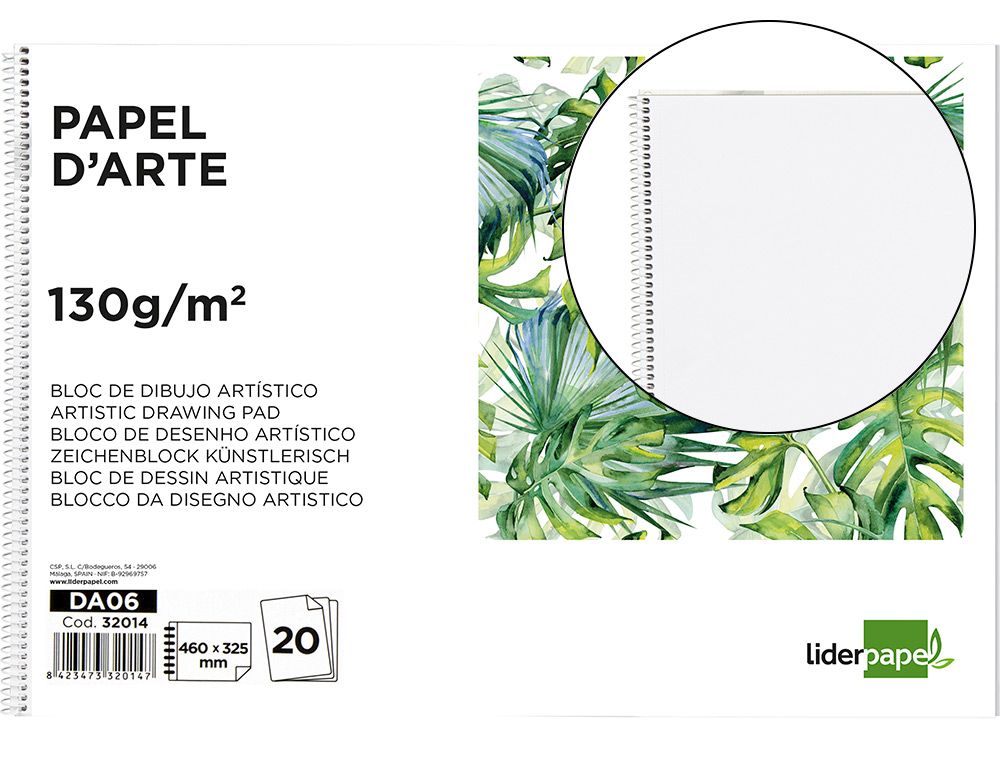 BLOC DIBUJO LIDERPAPEL ARTISTICO ESPIRAL 460X325MM 20 HOJAS 130GR/M2 SIN RECAMBIO PERFORADO