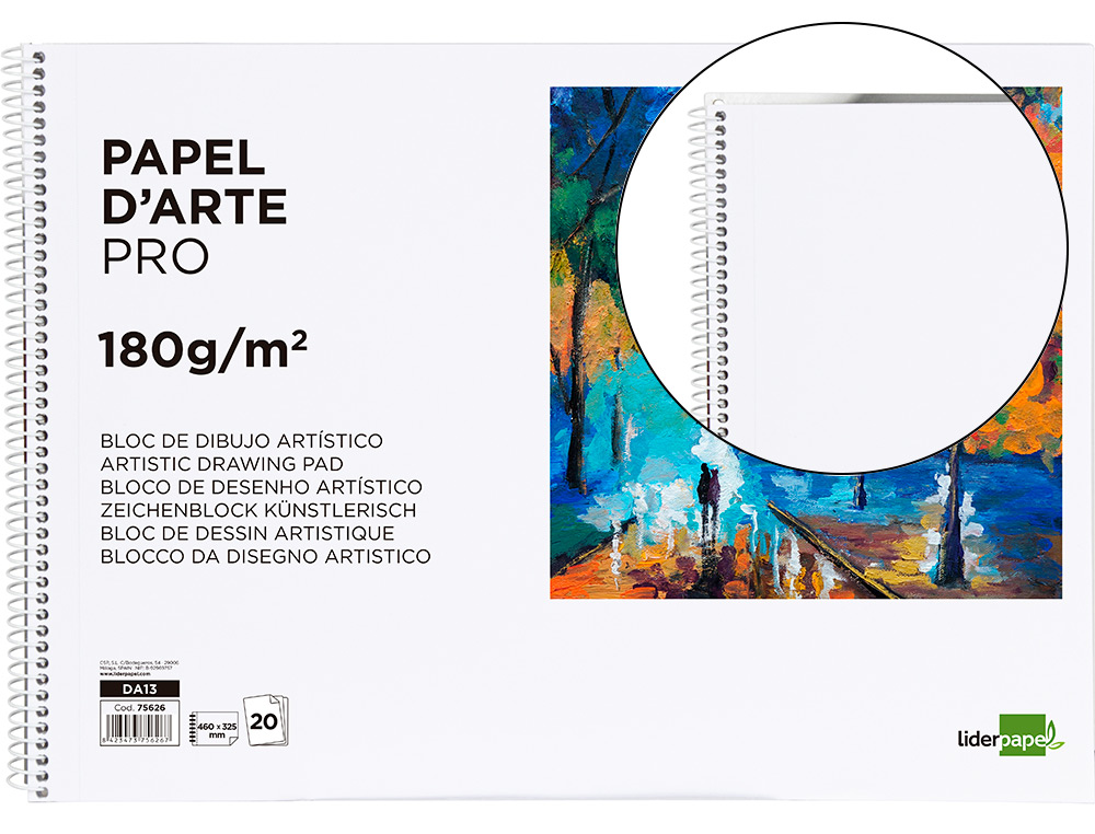 BLOC DIBUJO LIDERPAPEL ARTISTICO ESPIRAL 460X325MM 20 HOJAS 180GR/M2 SIN RECUADRO PERFORADO