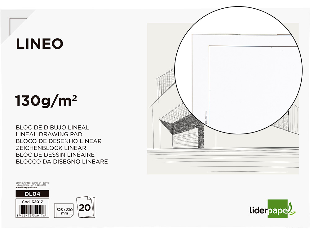 BLOC DIBUJO LIDERPAPEL LINEAL ENCOLADO 230X325MM 20 HOJAS 130 GR/M2 CON RECUADRO