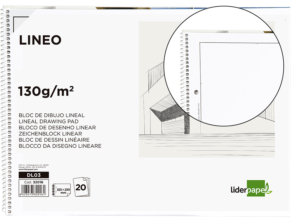 BLOC DIBUJO LIDERPAPEL LINEAL ESPIRAL 230X325MM 20 HOJAS 130GR/M2 CON RECUADRO 2 TALADROS PERFORADO