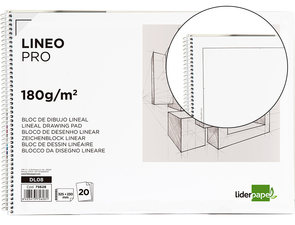 BLOC DIBUJO LIDERPAPEL LINEAL ESPIRAL 230X325MM 20 HOJAS 180 GR/M2 CON RECUADRO PERFORADO