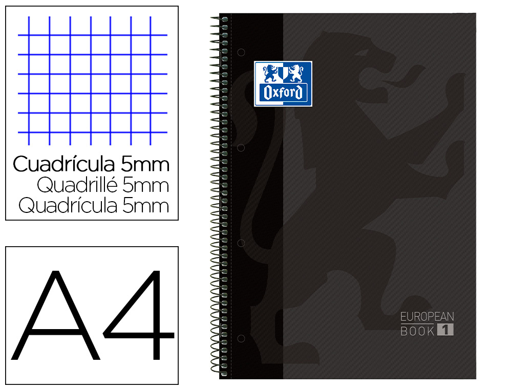 BLOC ESPIRAL OXFORD EUROPEAN BOOK TAPA EXTRADURA DIN A4 80 HOJAS CUADRICULA 5 MM COLOR GRIS