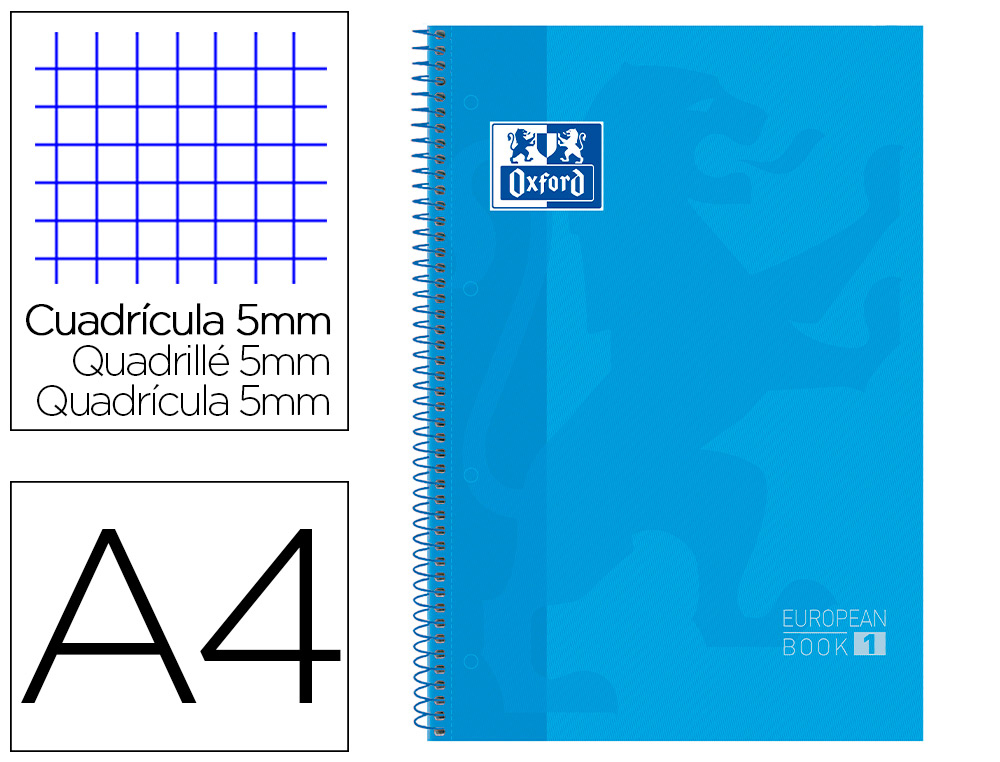 BLOC ESPIRAL OXFORD EUROPEAN BOOK TAPA EXTRADURA DIN A4 80 HOJAS CUADRICULA 5 MM COLOR TURQUESA