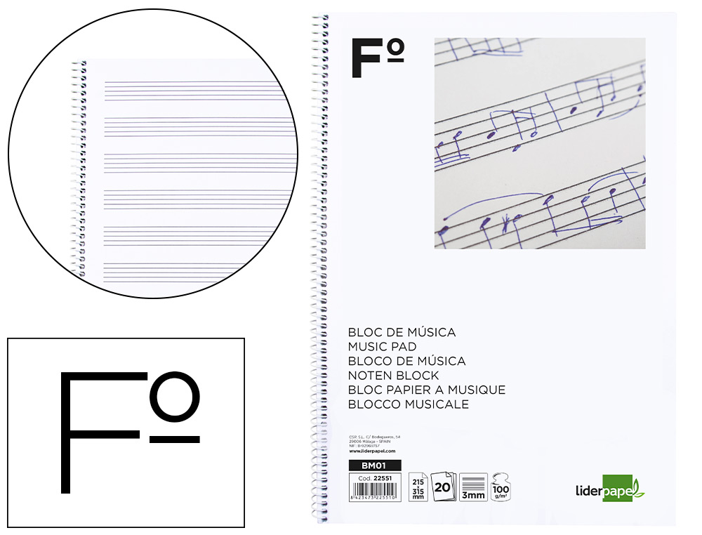 BLOC MUSICA LIDERPAPEL PENTAGRAMA 3MM FOLIO 20 HOJAS 100G/M2