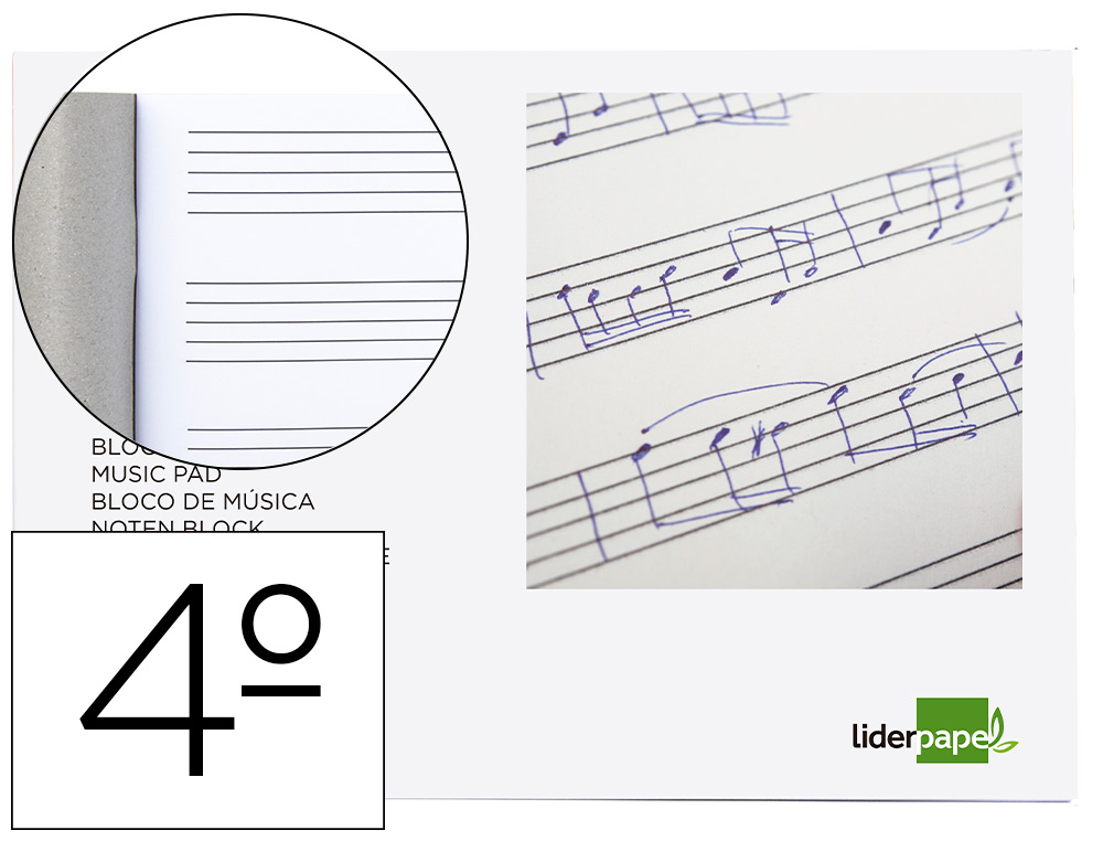 BLOC MUSICA LIDERPAPEL PENTAGRAMA 5MM CUARTO 20 HOJAS 100G/M2 GRAPADO