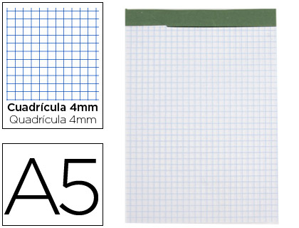 BLOC NOTAS LIDERPAPEL CUADRO 4 MM A5 80 HOJAS 60 G/M2 PERFORADO SIN TAPA
