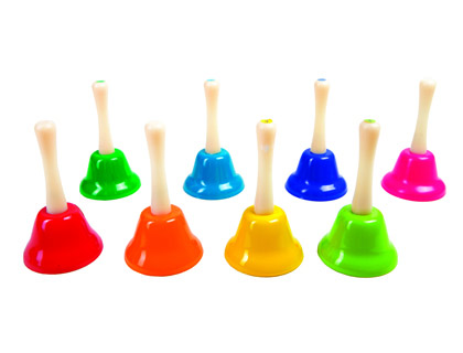 CAMPANITA PEQUEÑA AMAYA DE MANO CON MANGO TRADICIONAL ESCALA DIATONICA SET DE 8 UNIDADES COLORES SURTIDOS