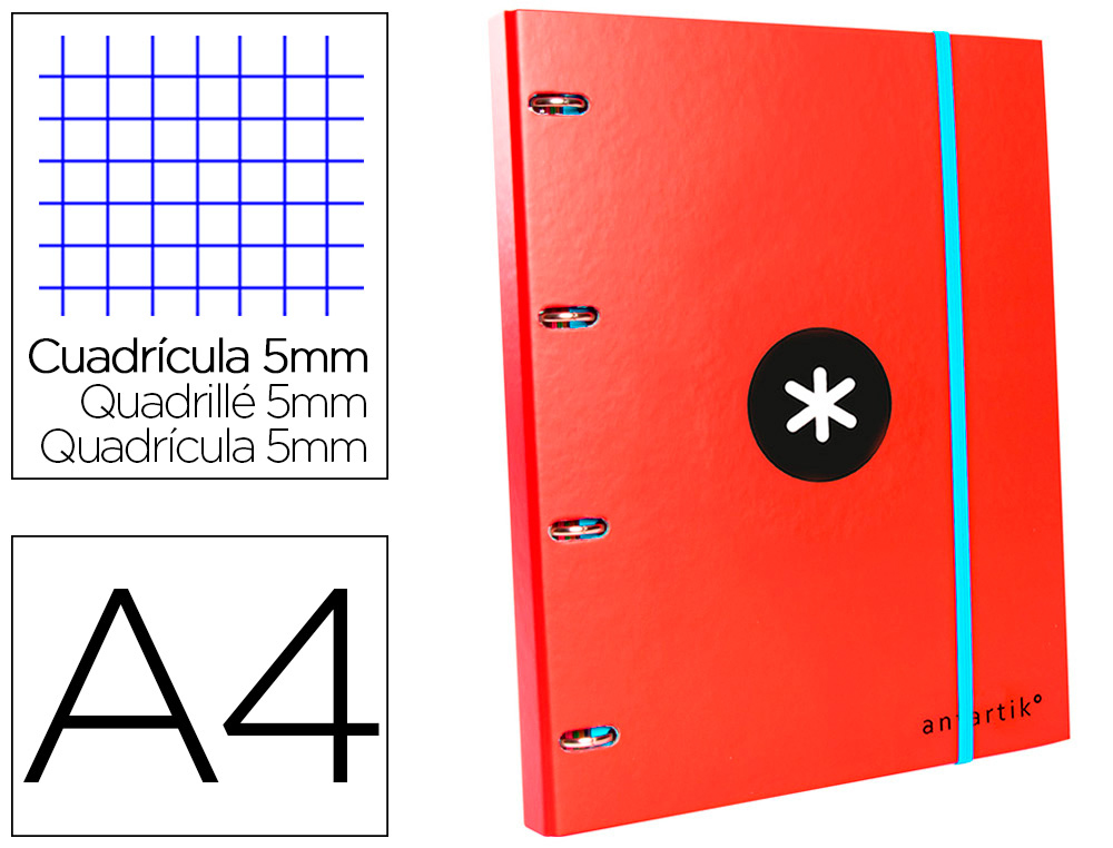 CARPETA CON RECAMBIO ANTARTIK A4 CUADRO 5MM FORRADA 4 ANILLAS 25MM REDONDAS COLOR ROJO