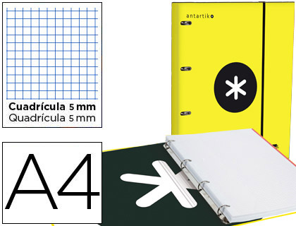 CARPETA CON RECAMBIO Y SOLAPA LIDERPAPEL ANTARTIK A4 CUADRO 5 MM FORRADA 4 ANILLAS REDONDAS 40MM COLOR AMARILLO