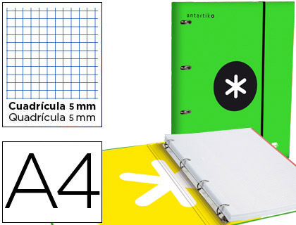 CARPETA CON RECAMBIO Y SOLAPA LIDERPAPEL ANTARTIK A4 CUADRO 5 MM FORRADA 4 ANILLAS REDONDAS 40MM COLOR VERDE