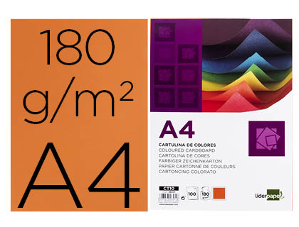 CARTULINA LIDERPAPEL A4 180G/M2 NARANJA FUERTE PAQUETE DE 100 HOJAS