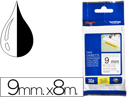 CINTA BROTHER TZE-S221 BLANCO-NEGRO 9MM LONGITUD 8 MT SUPERADHESIVA