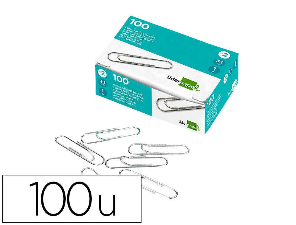 CLIPS LIDERPAPEL Nº2 LABIADOS 33 MM CAJA DE 100 UNIDADES