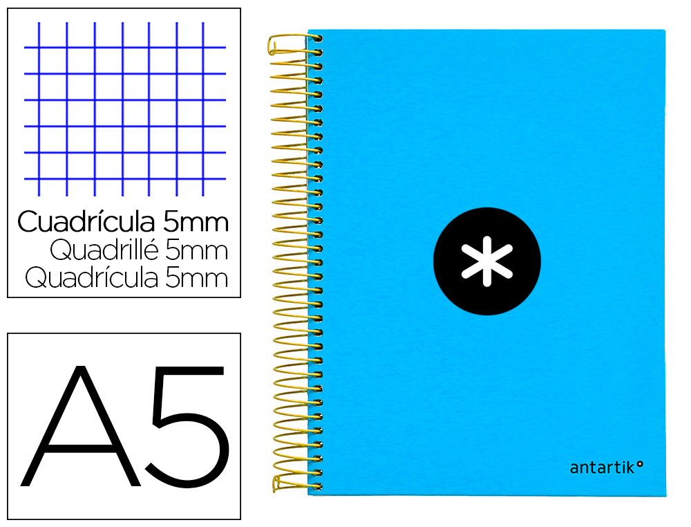 CUADERNO ESPIRAL A5 MICRO ANTARTIK TAPA FORRADA120H 90 GR CUADRO 5MM 5 BANDAS6 TALADROS COLOR AZUL