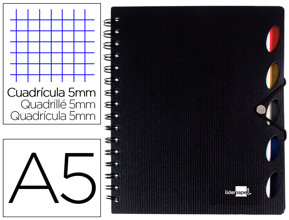 CUADERNO ESPIRAL LIDERPAPEL A5 MICRO EXECUTIVE TAPA PLASTICO 100H 80 GR CUADRO 5MM 5 SEPARADORES CON GOMILLA NEGRO