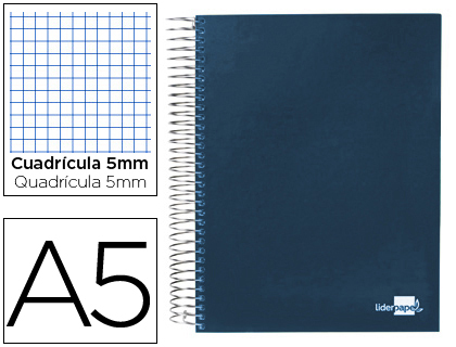 CUADERNO ESPIRAL LIDERPAPEL A5 MICRO PAPERCOAT TAPA FORRADA 140H 80 GR CUADRO5MM 5 BANDAS 6 TALADROS AZUL