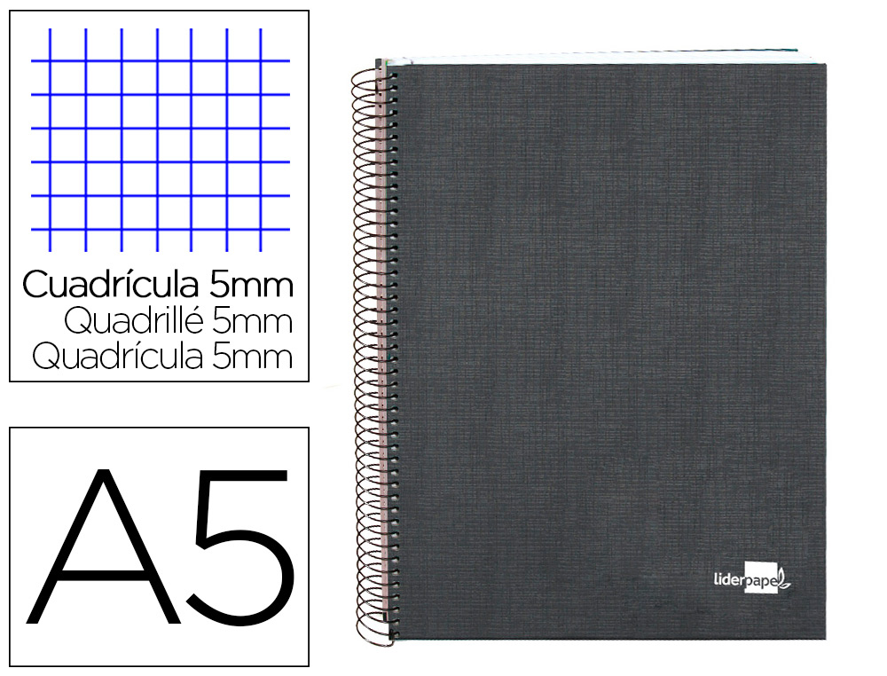 CUADERNO ESPIRAL LIDERPAPEL A5 MICRO PAPERCOAT TAPA FORRADA 140H 75 GR CUADRO5MM 5 BANDAS 6 TALADROS NEGRO