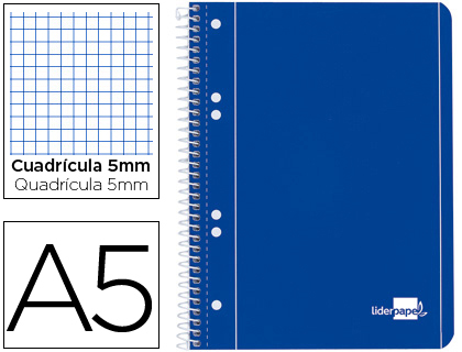 CUADERNO ESPIRAL LIDERPAPEL A5 MICRO SERIE AZUL TAPA BLANDA 80H 75 GR CUADRO5MM 6 TALADROS AZUL