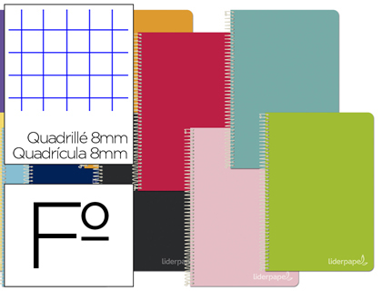 CUADERNO ESPIRAL LIDERPAPEL FOLIO WITTY TAPA DURA 80H 75GR CUADRO 8MM CON MARGEN COLORES SURTIDOS