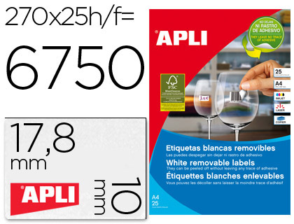 ETIQUETA ADHESIVAS APLI 10197 TAMAÑO 17,8X10 MM REMOVIBLE PARA FOTOCOPIADORA LASER INK-JET CAJA 25 HOJAS CON