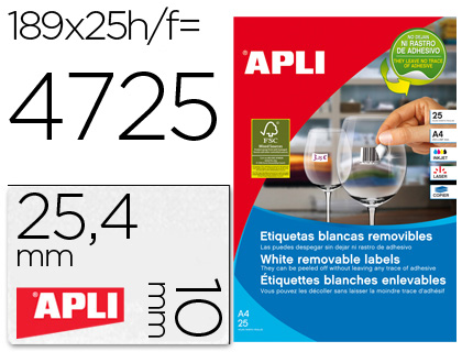 ETIQUETA ADHESIVAS APLI 10198 TAMAÑO 25,4X10 MM REMOVIBLE PARA FOTOCOPIADORA LASER INK-JET CAJA 25 HOJAS CON