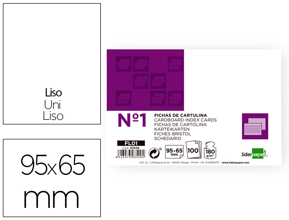 FICHA LIDERPAPEL LISA Nº1 65X95MM PAQUETE DE 100 180G