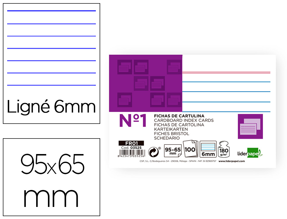 FICHA LIDERPAPEL RAYADA Nº1 65X95 MM 180G/M2 PAQUETE DE 100 UNIDADES