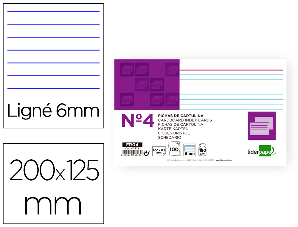 FICHA LIDERPAPEL RAYADA Nº4 125X200 MM 180G/M2 PAQUETE DE 100 UNIDADES