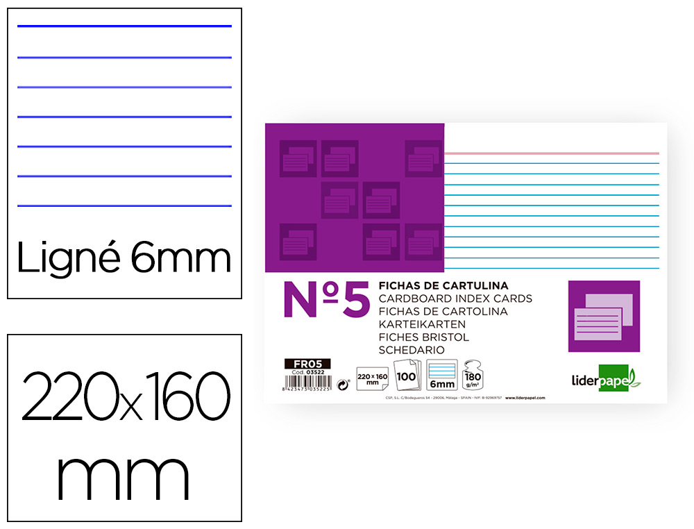 FICHA LIDERPAPEL RAYADA Nº5 160X220 MM 180G/M2 PAQUETE DE 100 UNIDADES