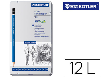 LAPICES DE GRAFITO STAEDTLER MARS LUMOGRAPH 100 CAJA METALICA DE 12 LAPICES 8B- 7B-6B-5B-4B-3B-2B-B-HB-F-H-2H