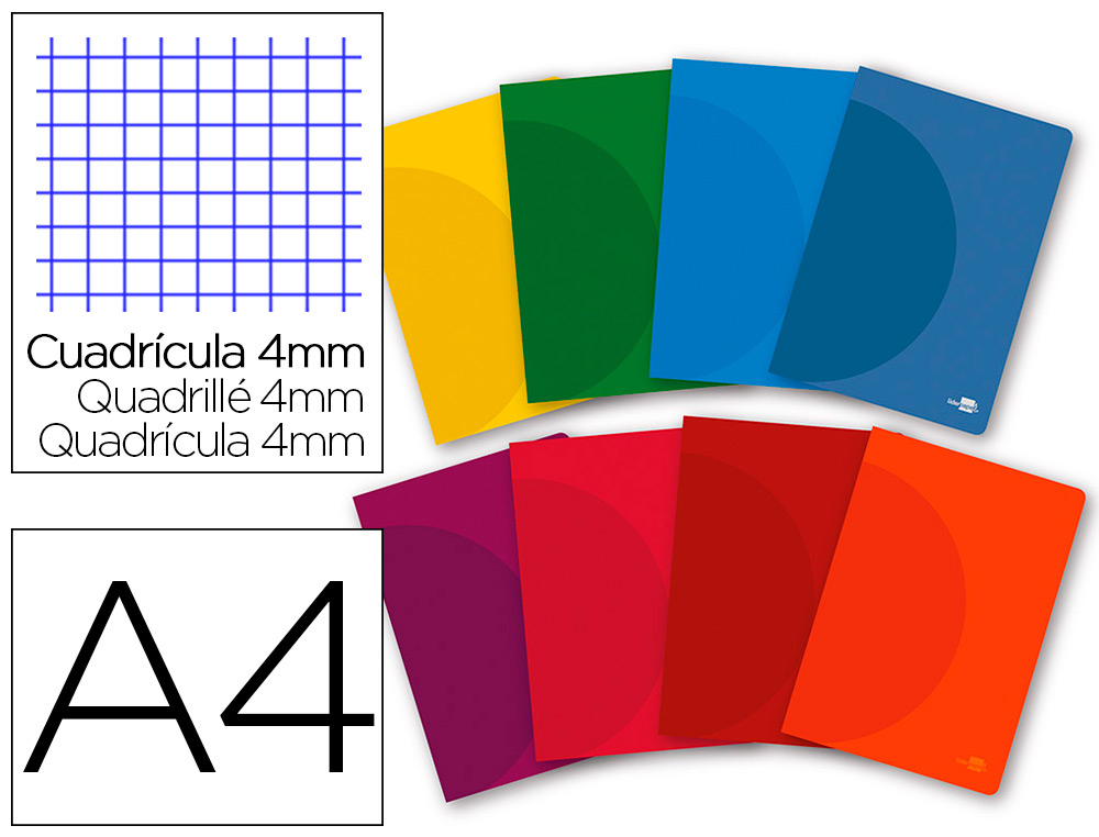 LIBRETA LIDERPAPEL 360 TAPA DE PLASTICO A4 48 HOJAS 90G/M2 CUADRO 4MM CON MARGEN COLORES SURTIDOS