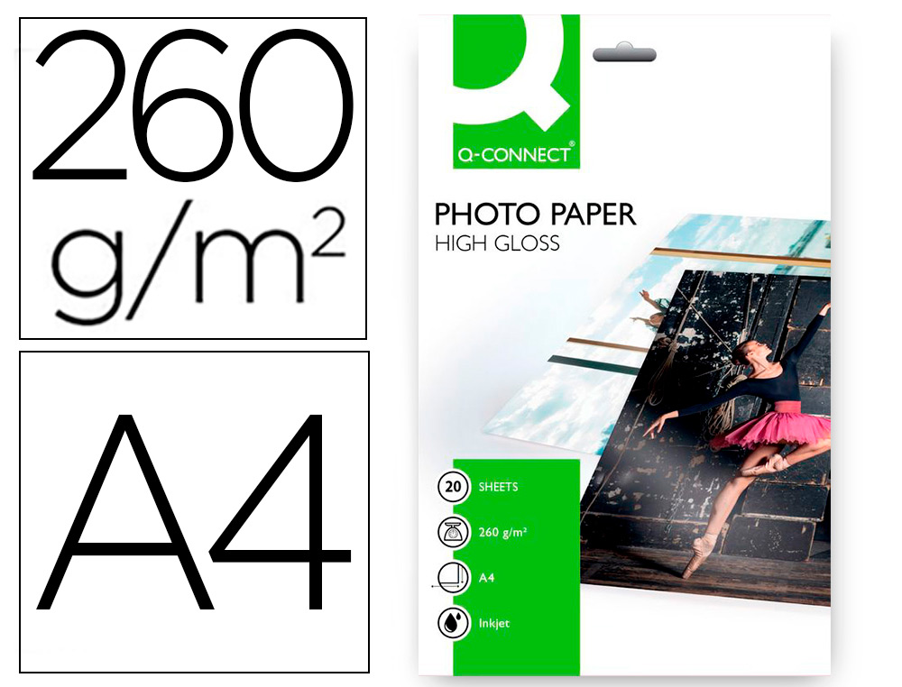 PAPEL Q-CONNECT FOTO GLOSSY KF02163 DIN A4 ALTA CALIDAD DIGITAL PHOTO PARA INK-JET BOLSA DE 20 HOJAS DE 260 GR