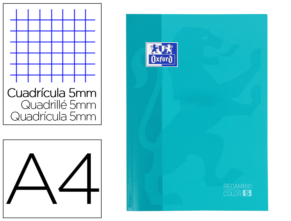 RECAMBIO COLOR OXFORD DIN A4 80 HOJAS 90 GR OPTIK PAPER CUADROS 5MM 4 TALADROS