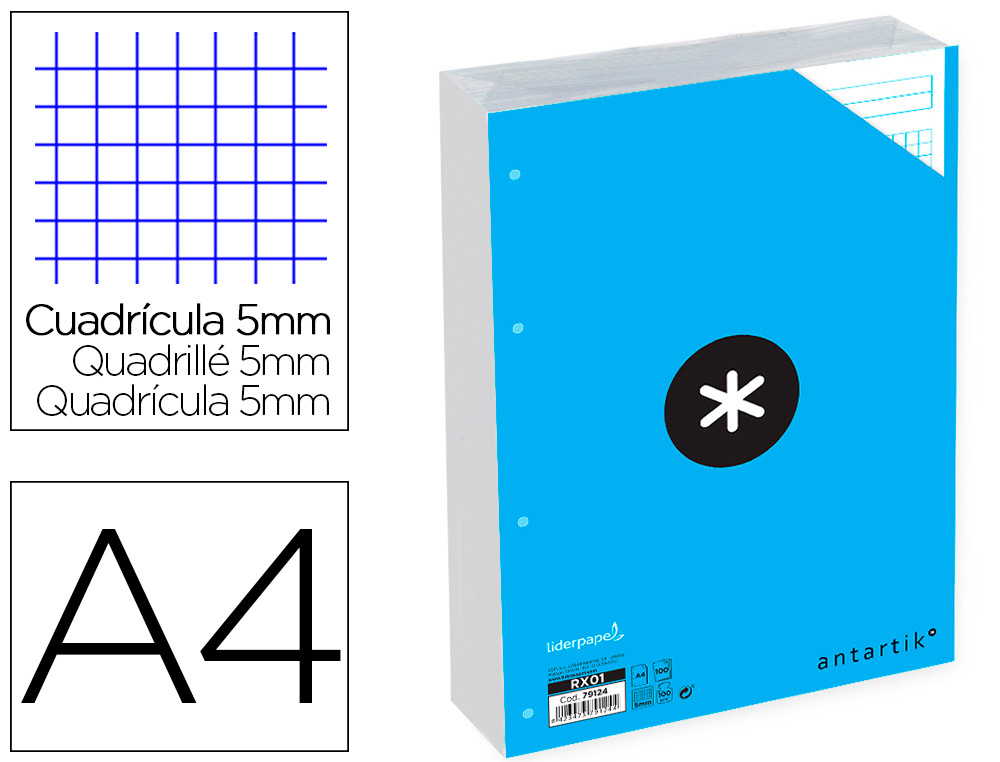 RECAMBIO A4 ANTARTIK 100 HOJAS 90G/M2 CUADRO 5 MM 4 TALADROS BANDAS DE 5 COLORES