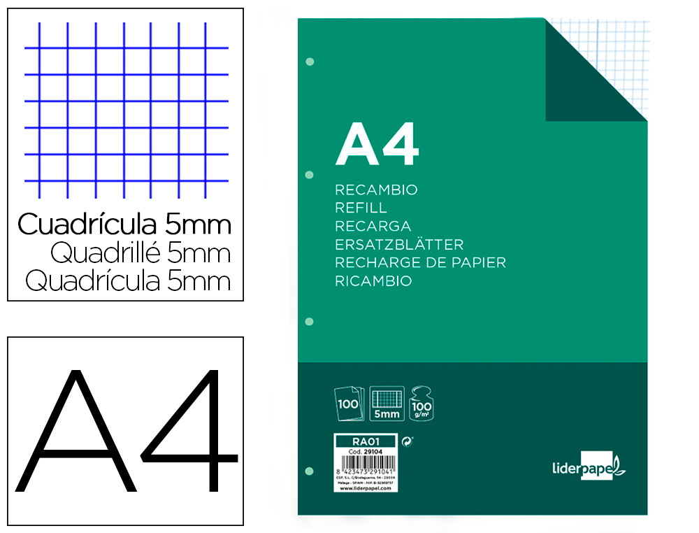 RECAMBIO LIDERPAPEL A4 100 HOJAS 100G/M2 CUADRO 5MM CON DOBLE MARGEN 4 TALADROS