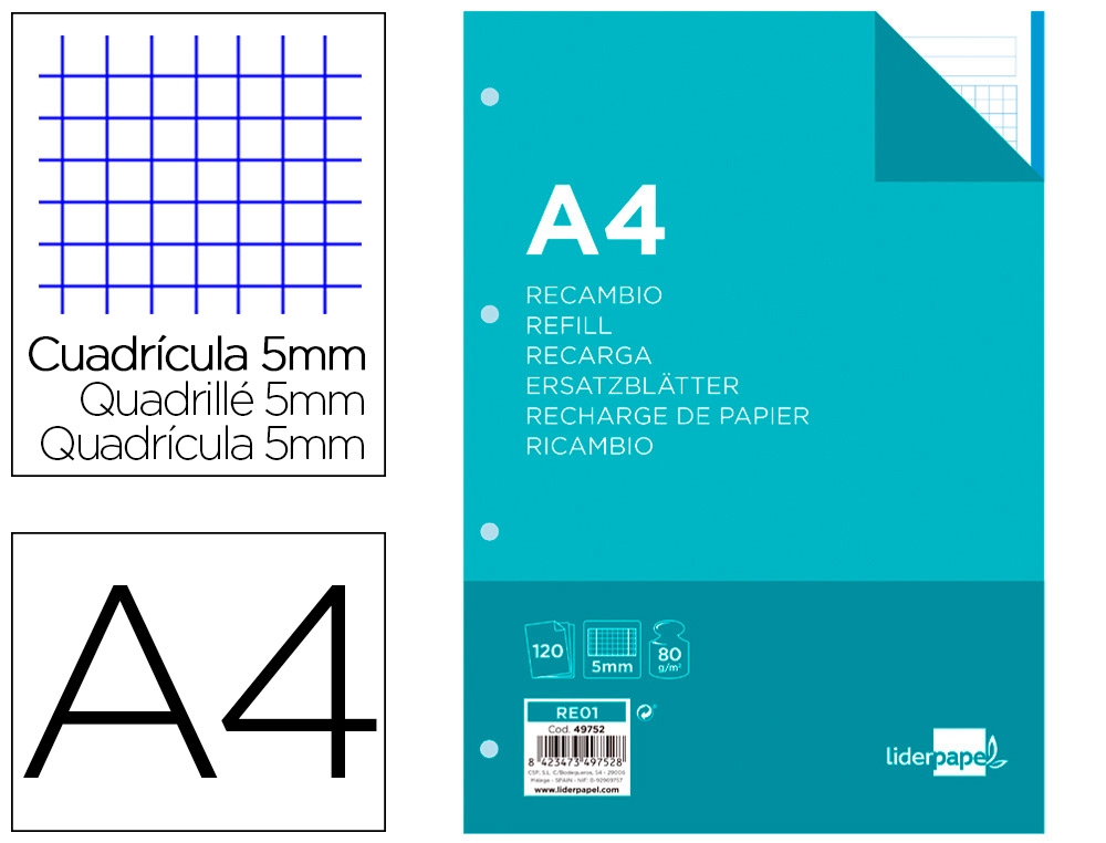 RECAMBIO LIDERPAPEL A4 120 HOJAS 80G/M2 CUADRO 5MM SIN MARGEN 4 TALADROS BANDAS DE 5 COLORES