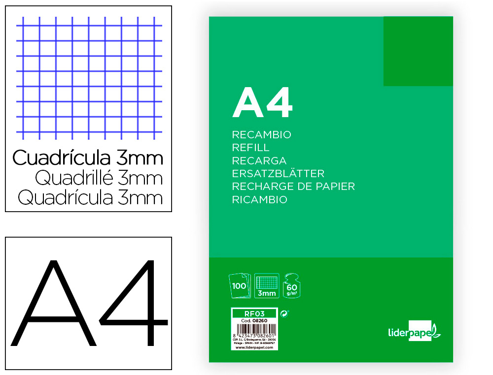 RECAMBIO LIDERPAPEL FOLIO 100 H 4TF-06 CUADRO 3 MM 4 TALADROS CON MARGEN