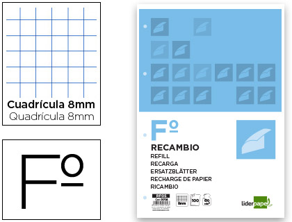 RECAMBIO LIDERPAPEL FOLIO 100 H 4TF-08 CUADRO 8 MM 4 TALADROS CON MARGEN