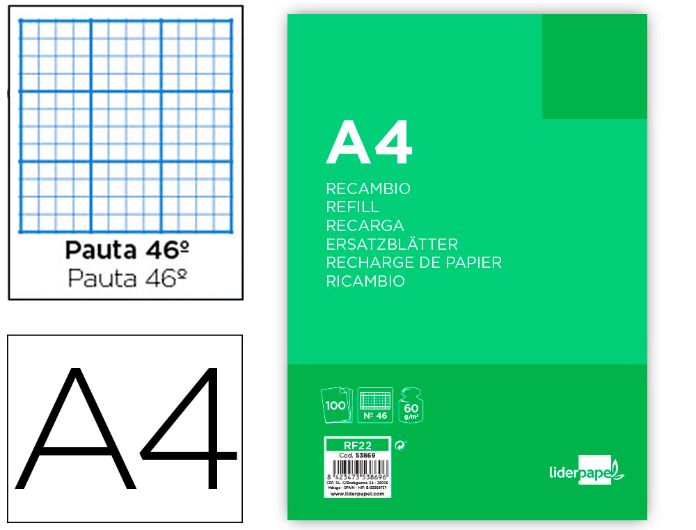 RECAMBIO LIDERPAPEL FOLIO 100 HOJAS 60G/M2RAYADO Nº46 4 TALADROS