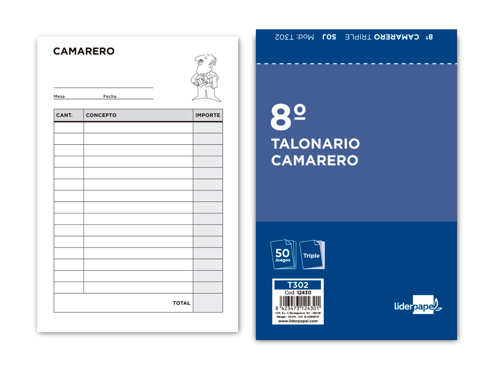 TALONARIO LIDERPAPEL CAMARERO 8º ORIGINAL Y 2 COPIAS T302