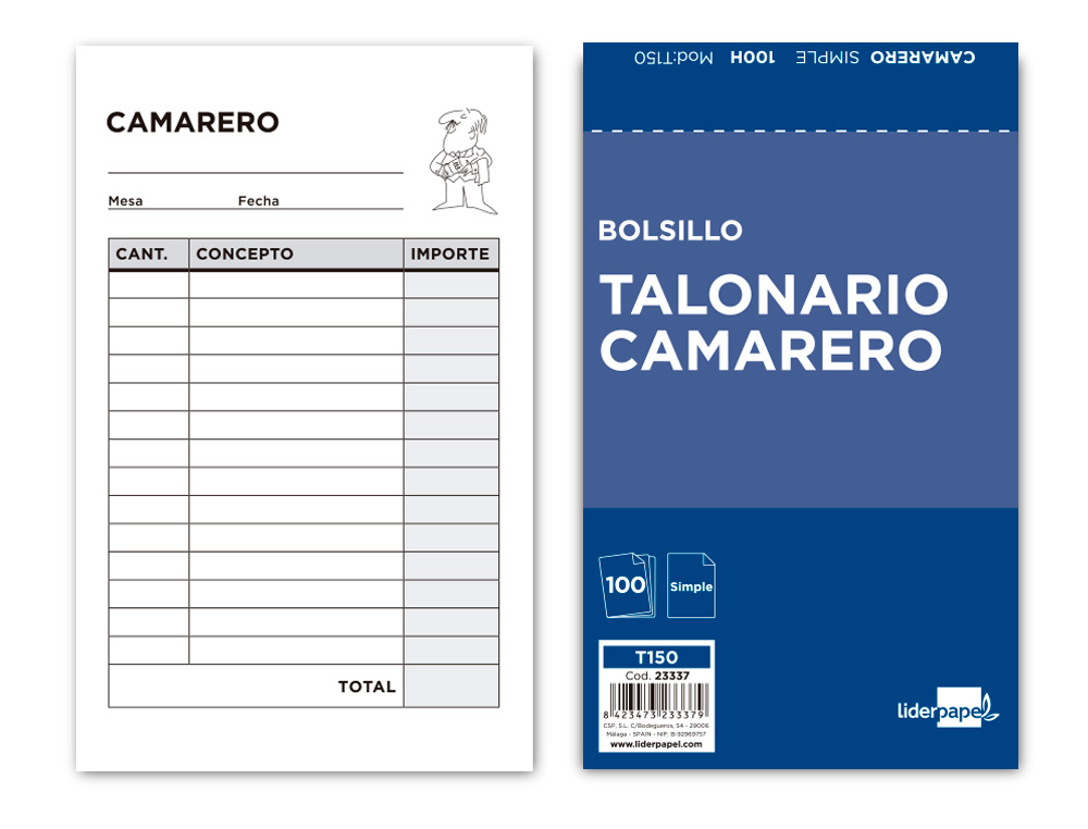 TALONARIO LIDERPAPEL CAMARERO BOLSILLO ORIGINAL T150