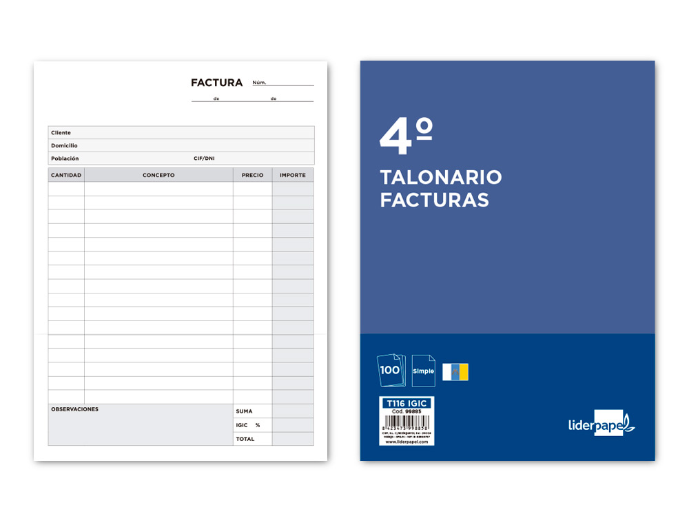 TALONARIO LIDERPAPEL FACTURAS CUARTO ORIGINAL T116 CON I.G.I.C.