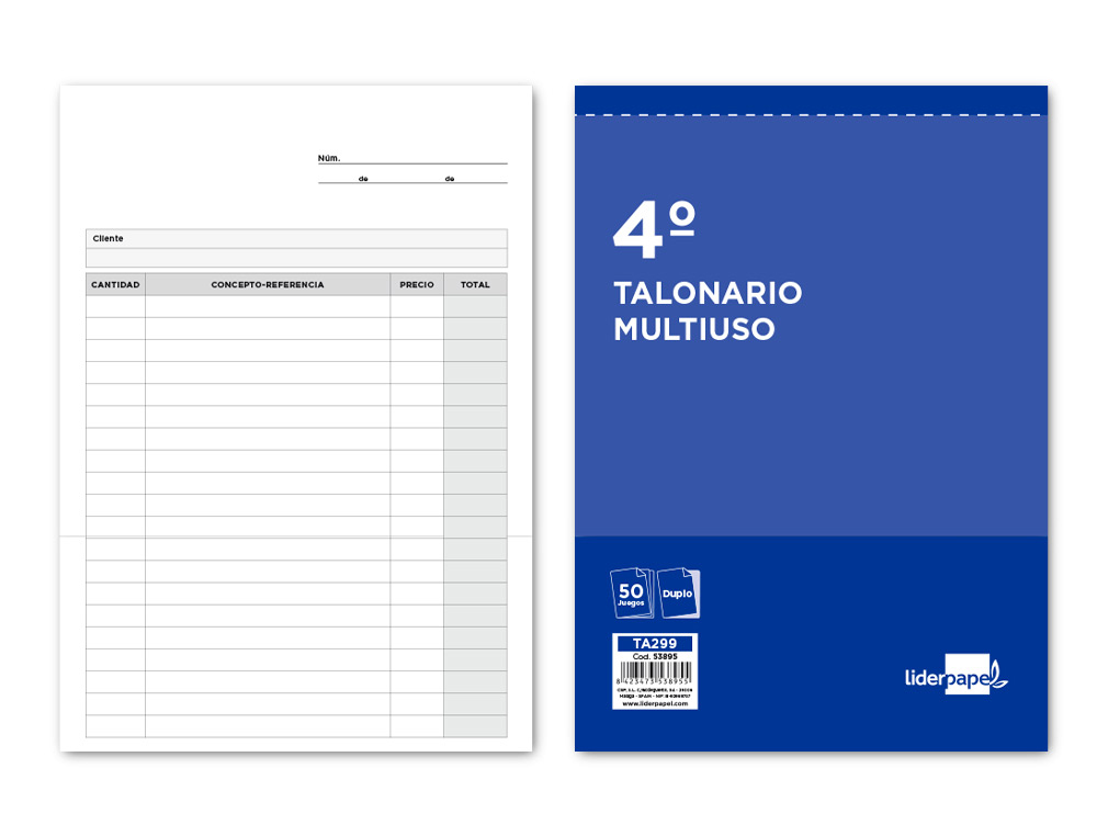 TALONARIO LIDERPAPEL MULTIUSOS CUARTO ORIGINAL Y COPIA T299